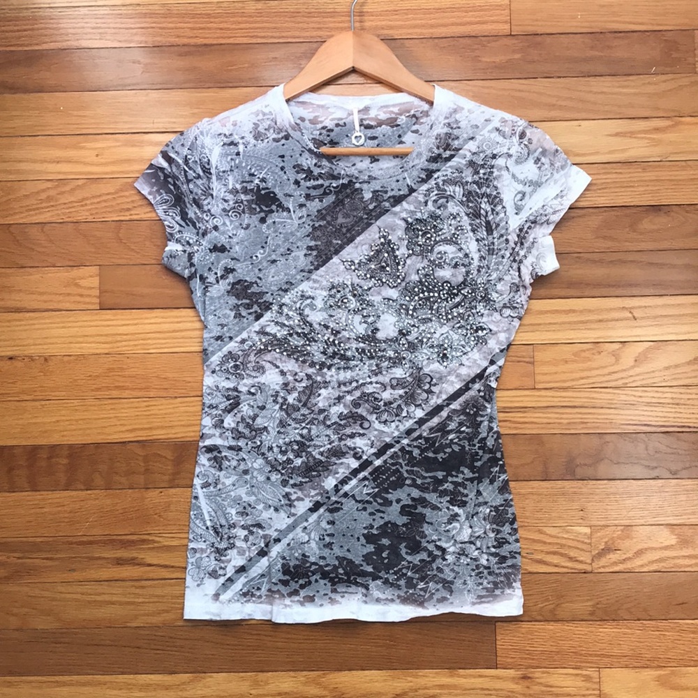 Robin K. Jeweled T Shirt Semi Sheer Patterned sz S